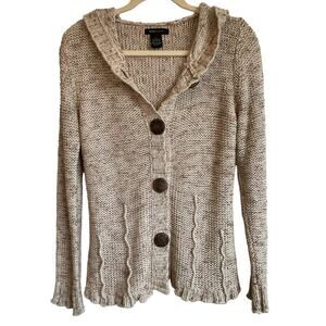 BCBGMaxAzria oatmeal hooded cardigan sweater with brown buttons, women’s.